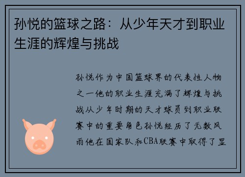 孙悦的篮球之路：从少年天才到职业生涯的辉煌与挑战